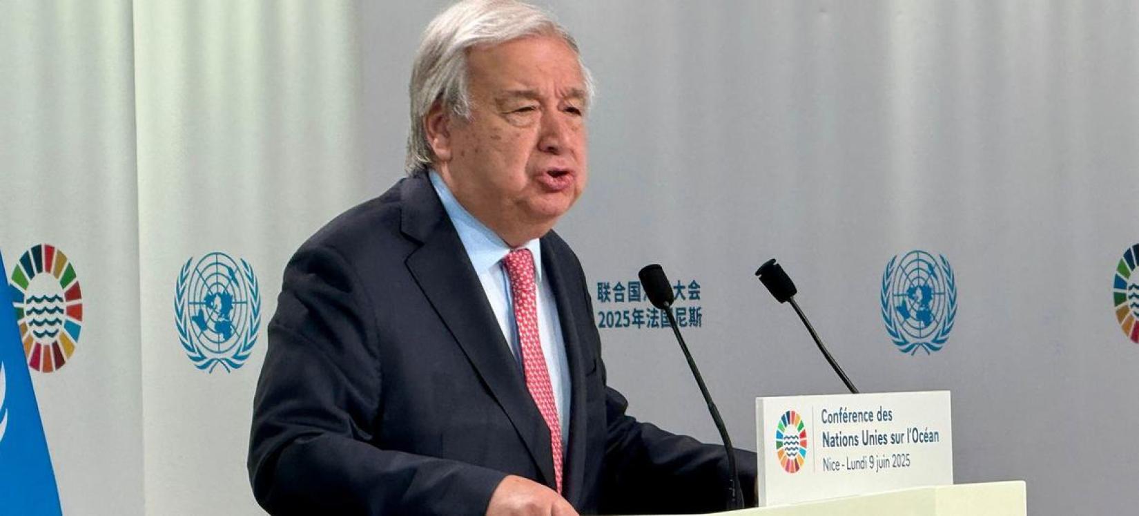 Le Secrétaire général de l'ONU, António Guterres, lors du discours d'ouverture de la troisième Conférence des Nations Unies sur l'océan à Nice, en France.