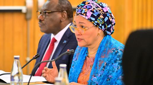   [Photo DAN_2244] Légende : La Vice-Secrétaire générale Amina Mohammed s'adresse au système des Nations Unies lors du dialogue annuel de la Plateforme de Collaboration Régionale pour l'Afrique (RCP).   